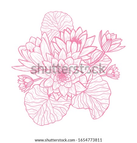 Decorative lotus flowers, design elements. Can be used for cards, invitations, banners, posters, print design. Floral background in line art style