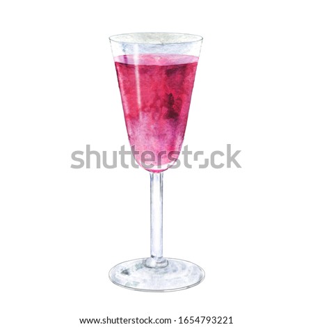 Watercolor illustration of berry drink. Glass of cocktail isolated on white. Hand drawn alcohol beverage. Design element for logo, menu, recipes, flyers.