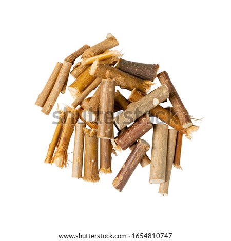 Pile of dry willow branches, bough and twigs of deciduous trees isolated on white background with clipping path. Linden, birch and hazel dried branches top view
