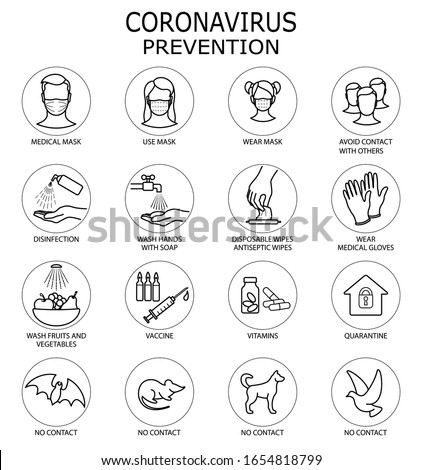 Coronavirus Prevention. Coronavirus icon set for infographic or website. New epidemic (2019-nCoV). Safety, health, remedies and prevention of viral diseases. Isolation. Vector illustration Royalty-Free Stock Photo #1654818799