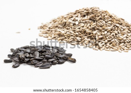 Sunflower seeds  natural source of iodine and calcium. Healthy eating concept. white background. Top view
