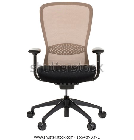 office chair with brown backrest, black seat and handles, isolated on white background, front view, stock photography