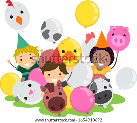 Illustration of Stickman Kids Celebrating Birthday with Colorful Farm Animal Balloons and Cone Birthday Hats
