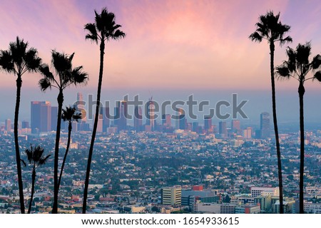 Beautiful sunset of Los Angeles downtown skyline in CA, USA