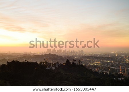 Downtown Los Angeles skyline at sunrise