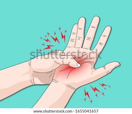 clip art vector illustration doodle drawing of people body ache with hand pain and finger sore, pain in palm and numb nerves.