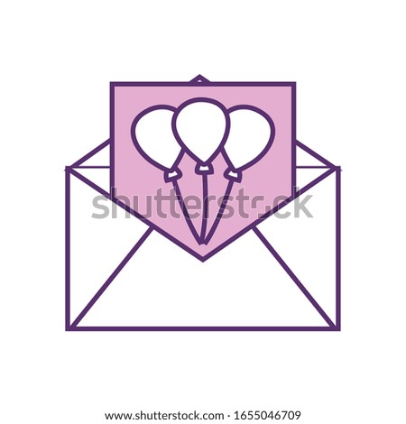 Balloons inside envelope line fill style icon design, Party celebration entertainment holiday fun birthday decoration and joy theme Vector illustration