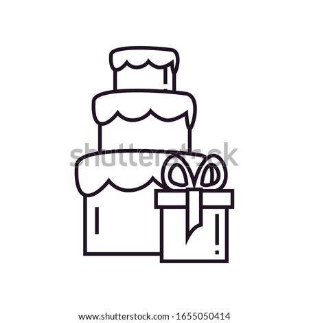 cake and gift line style icon design, Happy birthday card celebration decoration surprise party anniversay and invitation theme Vector illustration