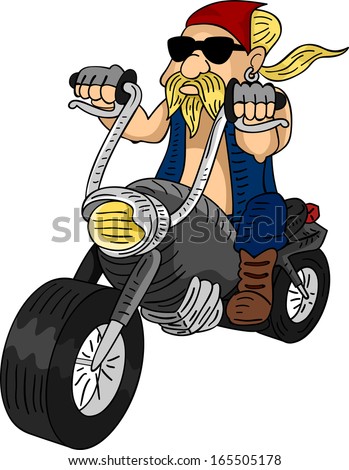 Illustration of a Bearded Man Riding a Customized Motorcycle