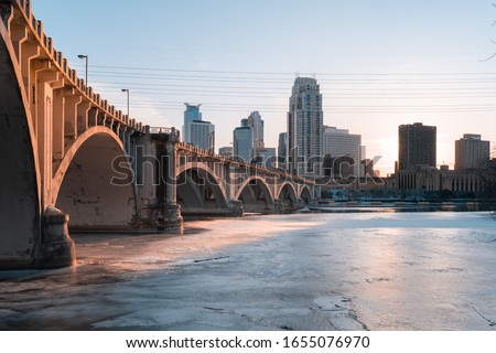 Minneapolis Skyline Frozen Mississippi River (Winter)