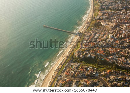Aerial view of the San Clemente, California skyline featuring the San Clemente Pier. Royalty-Free Stock Photo #1655078449
