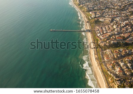 Aerial view of the San Clemente, California skyline featuring the San Clemente Pier. Royalty-Free Stock Photo #1655078458