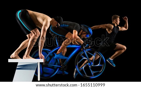 Triathlon sport collage. Man running, swimming, biking for competition race black background. 
Two image of the same model 