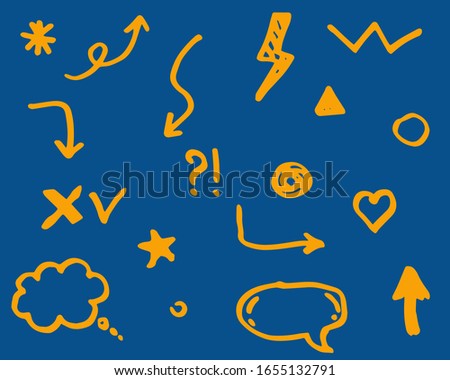 Doodle vector arrows, bubble, star, chat icon. Isolated. Hand drawn collection of elements for design