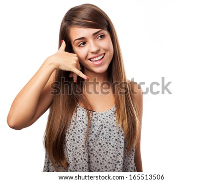young woman doing a call gesture isolated on white