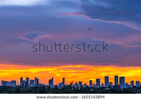 Plane landing over Miami city at sunset