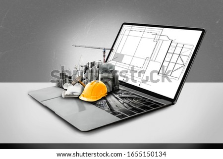 Innovative architecture and civil engineering building construction project. Creative graphic design showing concept of infrastructure city building by professional architect, worker and engineer.