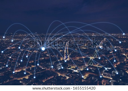 network communication or distribution concept, connection line from central point over night city Royalty-Free Stock Photo #1655155420