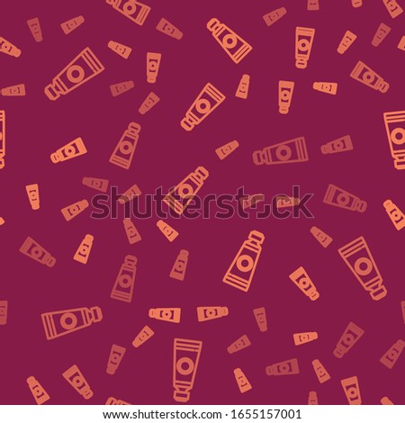 Brown line Tube with paint palette icon isolated seamless pattern on red background.  Vector Illustration