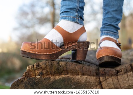 Close up of a woman's feet wearing a beautiful pair of wooden clog shoes with a heel and standing on a wooden log with a beautiful background outdoors Royalty-Free Stock Photo #1655157610