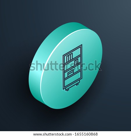 Isometric line Library bookshelf icon isolated on black background. Turquoise circle button. Vector Illustration