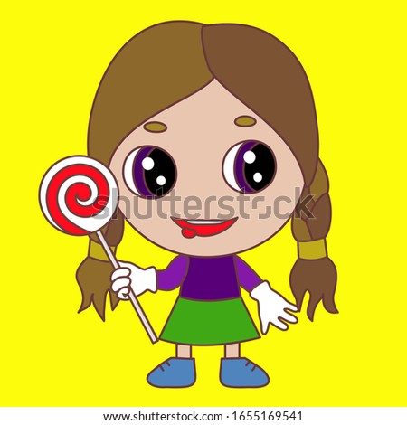 emoji with cool happy smiling chibi girl in hat with protruding tongue stands and holds a lollipop, color vector emoticon