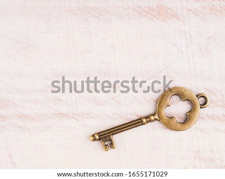 Old bronze key on light brown wooden background with copy space