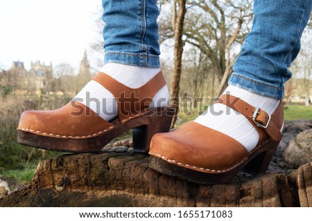 A close up of a woman's feet wearing a beautiful pair of wooden clog shoes with a heel and standing on a wooden log with a beautiful background outdoors Royalty-Free Stock Photo #1655171083