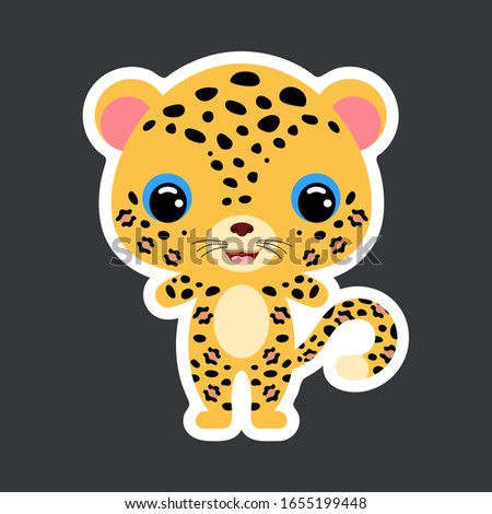 Children's sticker of cute little jaguar. Jungle animal.  Flat vector stock illustration