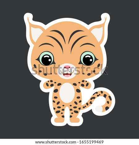 Children's sticker of cute little lynx. Wild animal.   Flat vector stock illustration