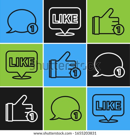 Set line Speech bubble chat, Hand like and Like in speech bubble icon. Vector