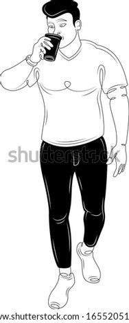 A brunette man in black pants drinks hot coffee, cold soda.Character cartoon flat isolated colored drawing sketch continuous line minimalism illustration