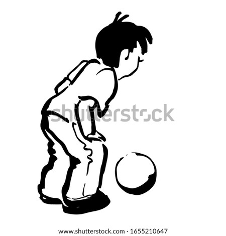 Black outline hand drawn boy ready to hit the ball, sketch child contour with ball, ink brush drawing little football player 