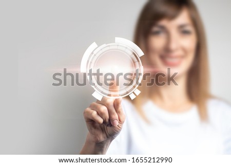 young girl points a finger at a halargamma, an icon is added on a light background. Banner. Future Technology concept