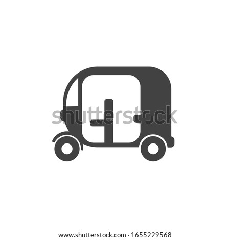 Three wheeler Sign. Taxi or parking logo. Tuk tuk. Flat minimalist design. white background Gray black vector. product brand service label banner board display. App icon.