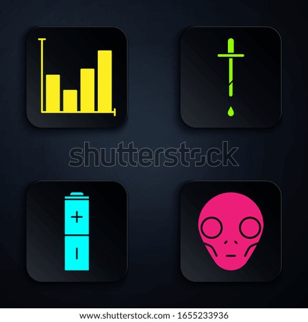Set Extraterrestrial alien face, Pie chart infographic, Battery and Pipette. Black square button. Vector