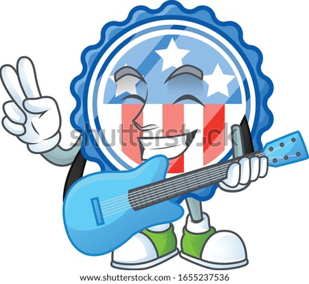 A cartoon character of circle badges USA with star playing a guitar