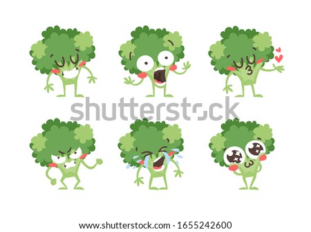 Cartoon drawing set of veggie emoji. Hand drawn emotional meal.Actual Vector illustration abroccoli. Creative ink art work food