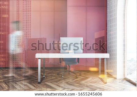 Blurry young woman walking in stylish home office with red and white walls, wooden floor and white computer table with grey chair. Toned image double exposure