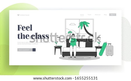 Summer Vacation on Resort Website Landing Page. Man Tourist Sit on Couch in Hotel Suit near Large Window with Seascape View with Palm Trees Web Page Banner. Cartoon Flat Vector Illustration Linear