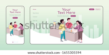 Grocery shopping adaptive landing page flat color vector template. Online supermarket mobile and PC homepage layout. Buy with reusable bags one page website UI. Webpage cross platform design