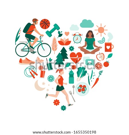 Healthy lifestyle and self-care concept with food, sports and nature icons arranged in a heart shape Royalty-Free Stock Photo #1655350198