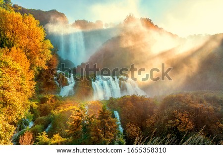 Cascata delle Marmore or Marmore Falls is a man-made waterfall created by the ancient Romans,  located near Terni in Umbria region, Italy. Famous places and travel destination of Terny and Italy Royalty-Free Stock Photo #1655358310