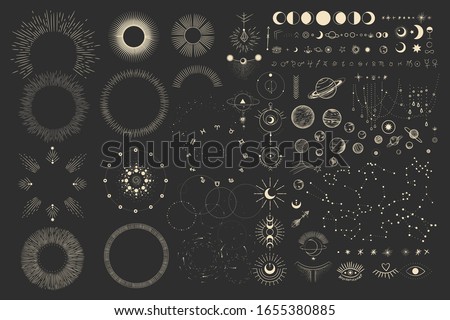Vector illustration set of moon phases. Different stages of moonlight activity in vintage engraving style. Zodiac Signs Royalty-Free Stock Photo #1655380885