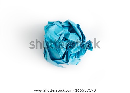 Blue crumpled paper ball over white background