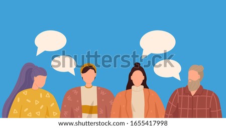 Group of people discuss social media news. Vector illustration, flat style, dialogue speech bubbles
