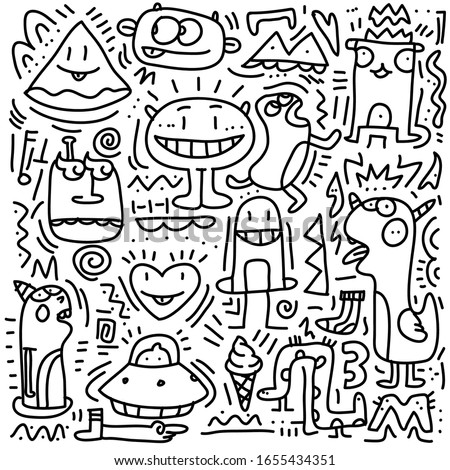 pattern character with doodle monsters, coloring page