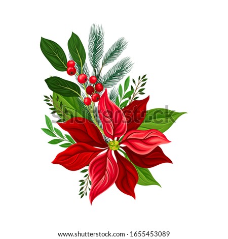 Christmas Flower Composition with Fir Tree Twig and Red Currant Branch Vector Illustration