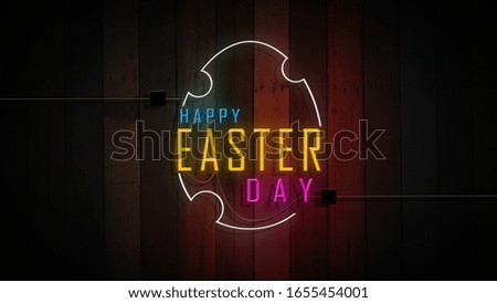 happy Easter day sign neon lights on wooden vintage wall background 
