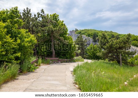 The scenic trail in the Park at the foot of the rock. Crimean mountains, Ai-Petri. Beautiful mountain landscape. Travel photo.  